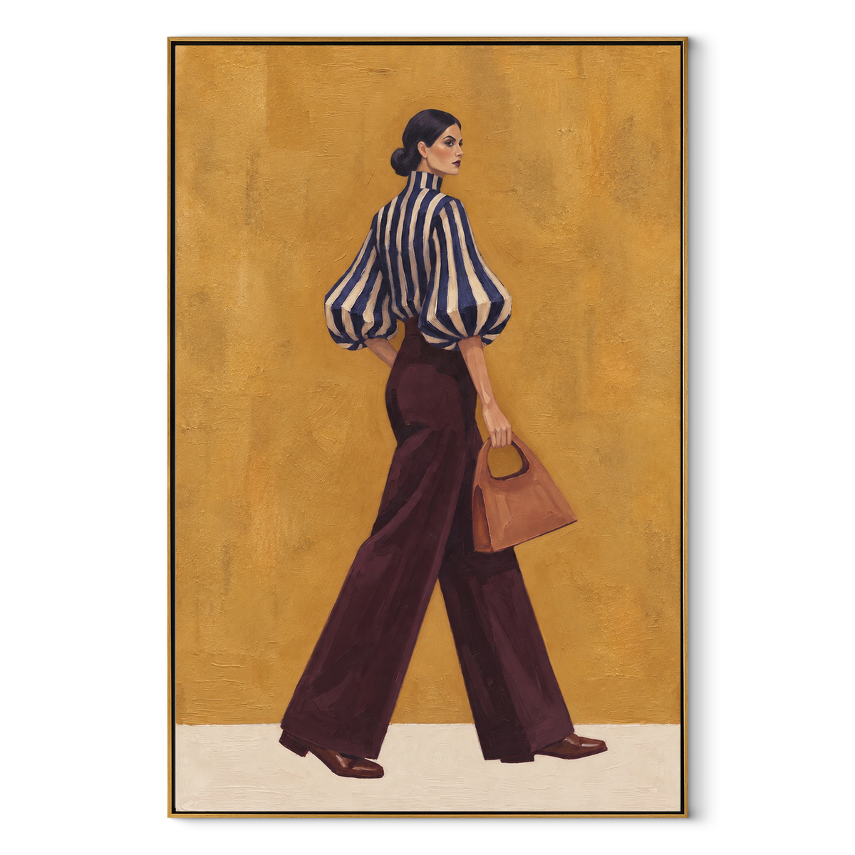 Blue Stripes Burgundy Walk vertical canvas artwork in a wood frame on white