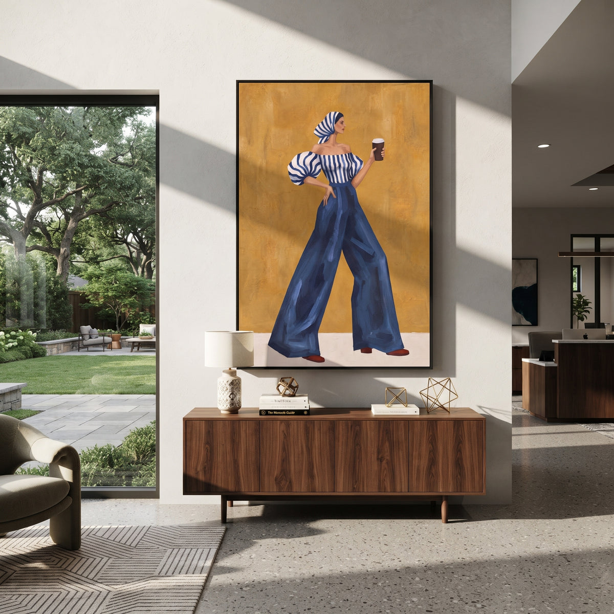 Coffee Beneath Blue Stripes woman holding coffee painting displayed in a modern interior