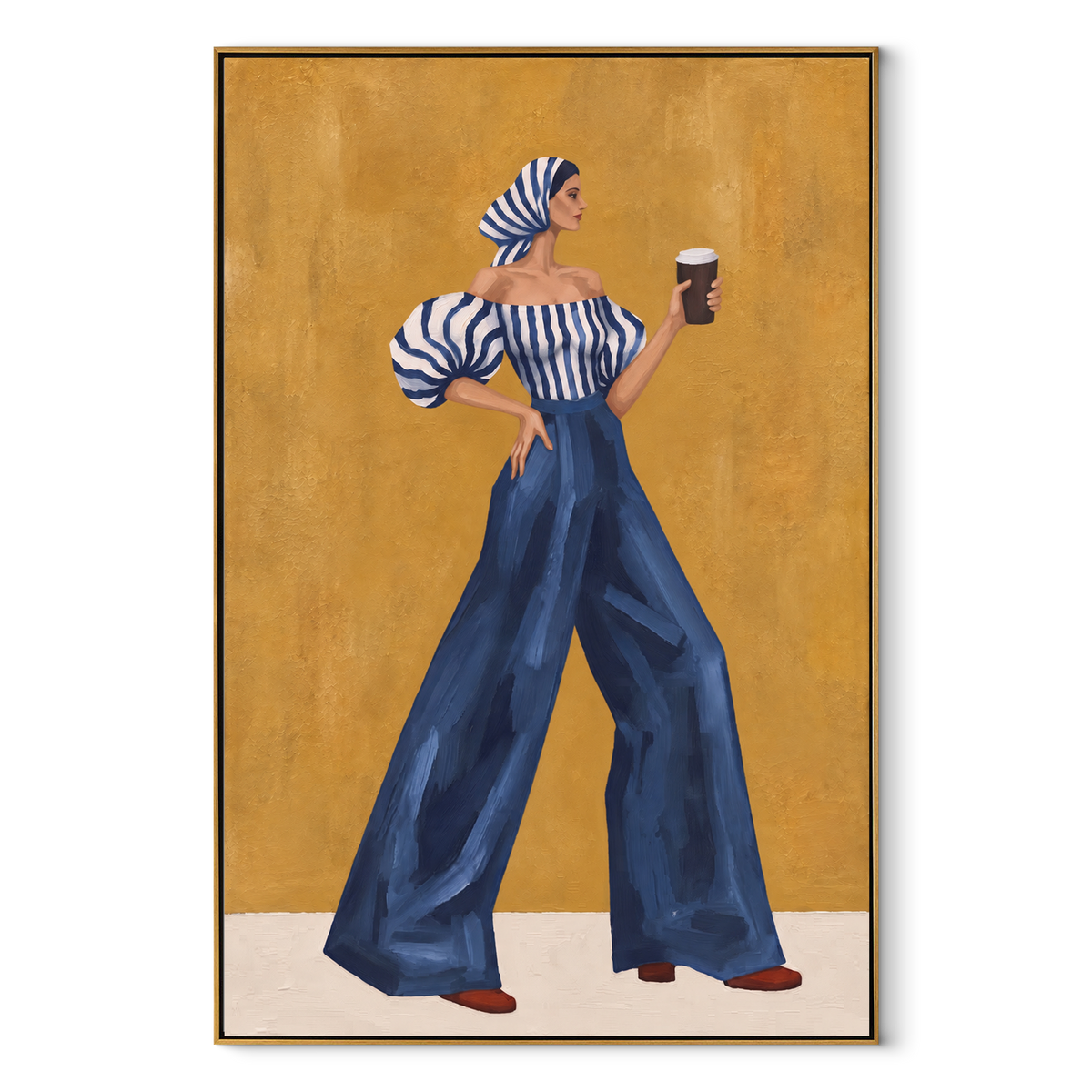 Coffee Beneath Blue Stripes vertical canvas artwork in a wood frame on white