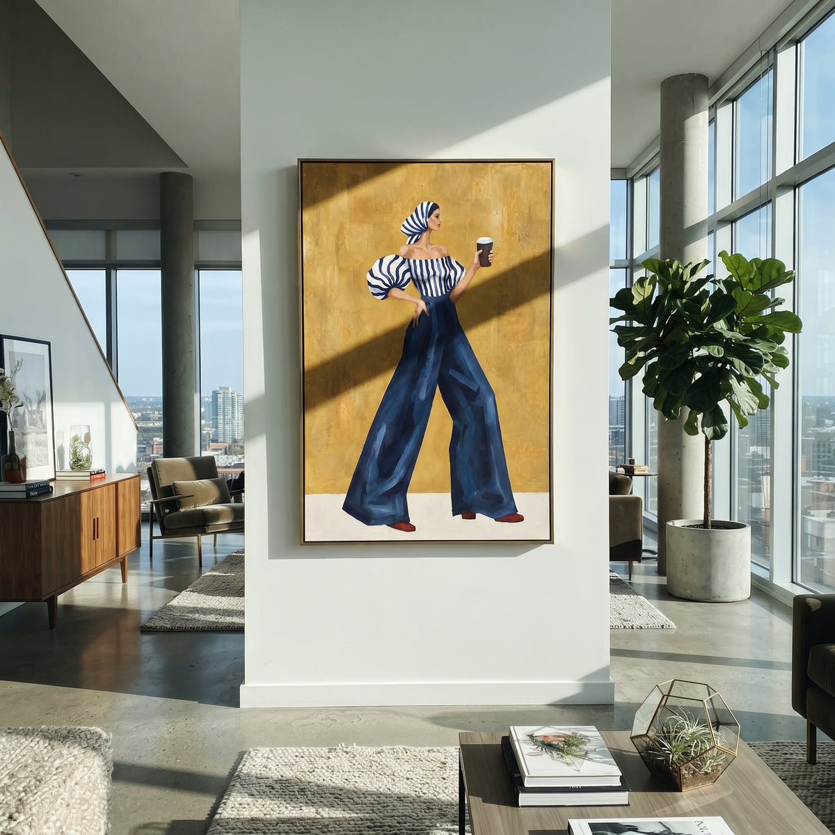 Coffee Beneath Blue Stripes vertical painting styled as a refined focal point
