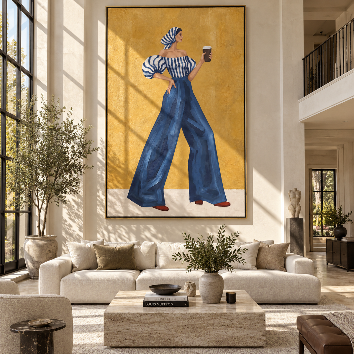Coffee Beneath Blue Stripes displayed with natural materials and modern decor