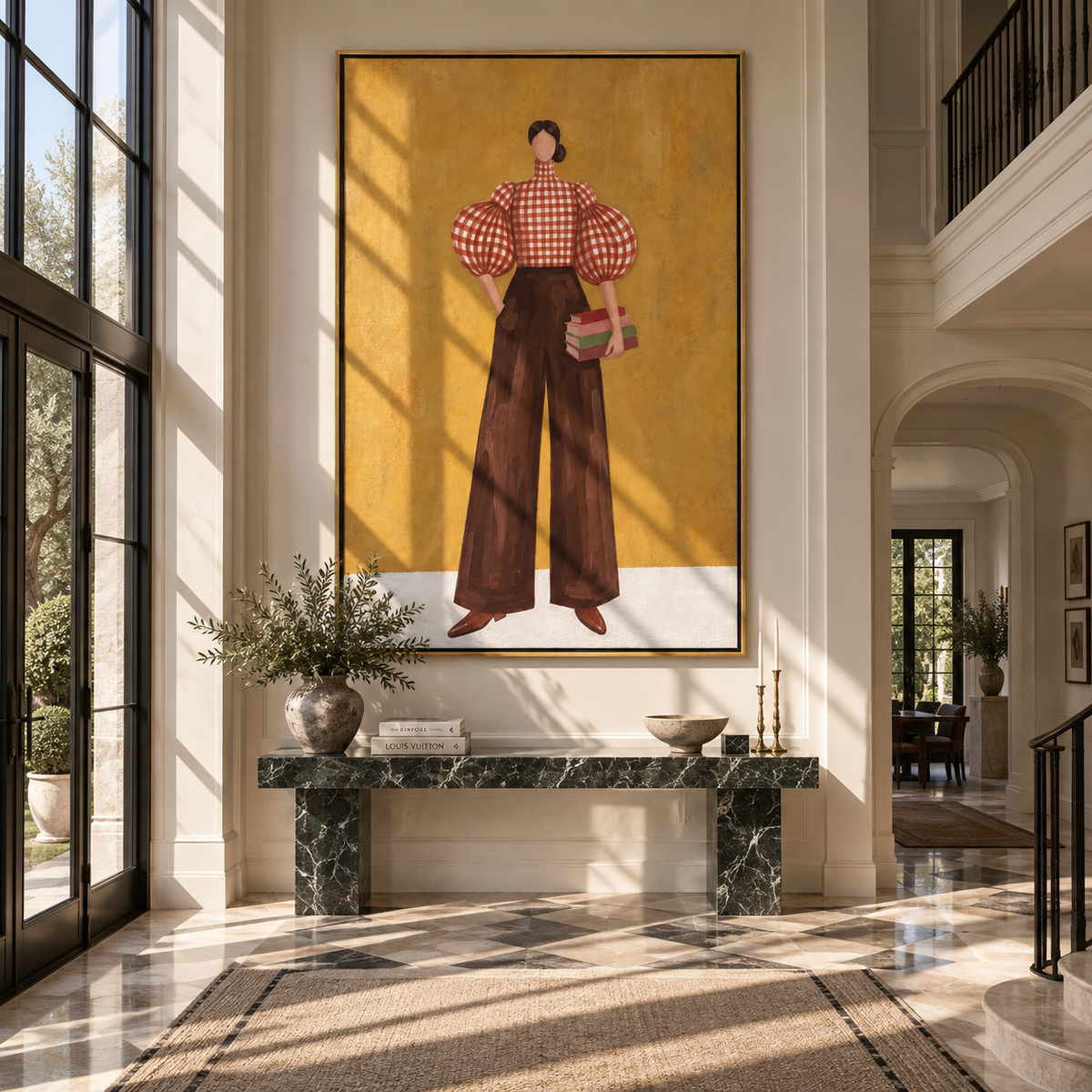 Checkered Poise with Books fashion wall art shown above contemporary furnishings