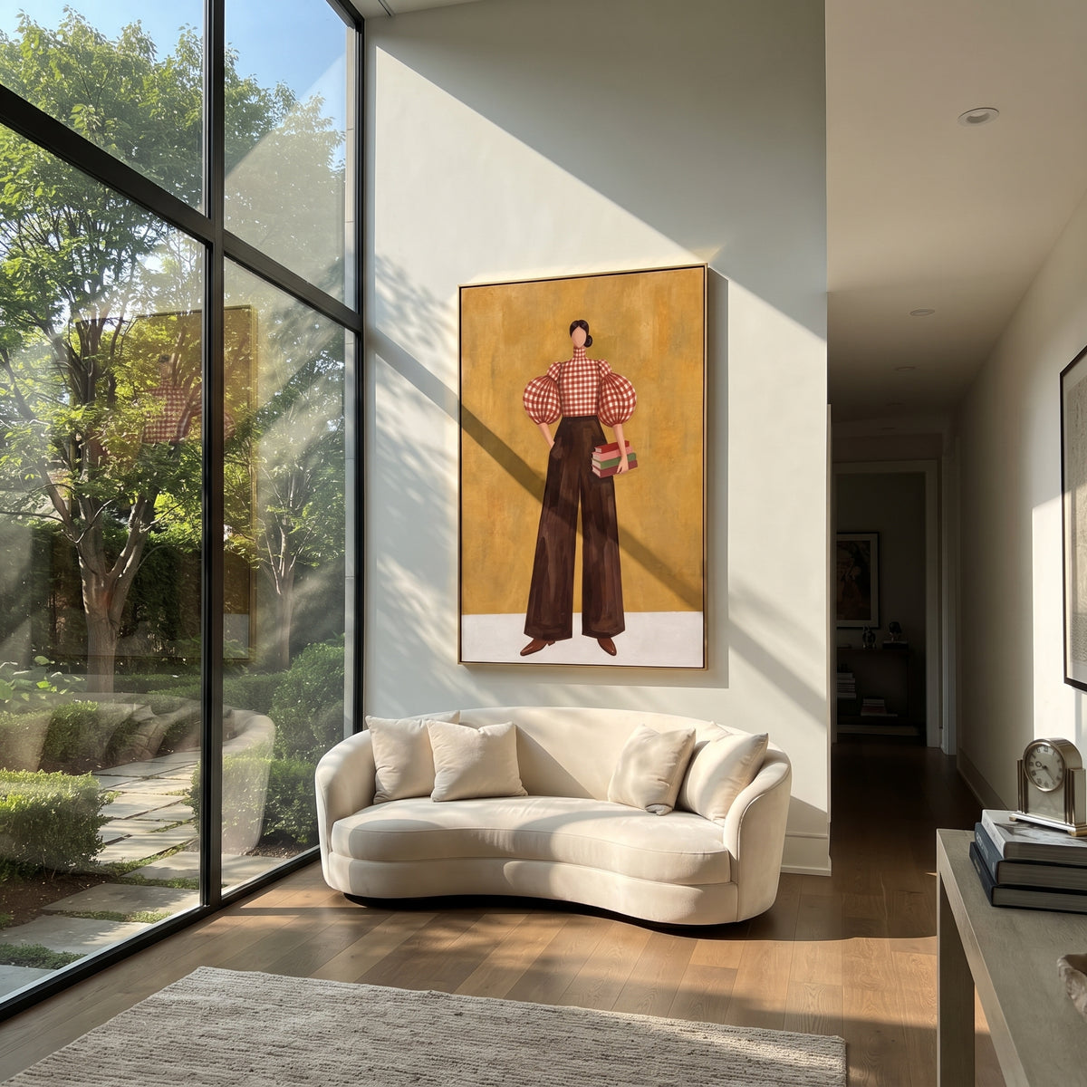 Checkered Poise with Books vertical painting styled as a refined focal point