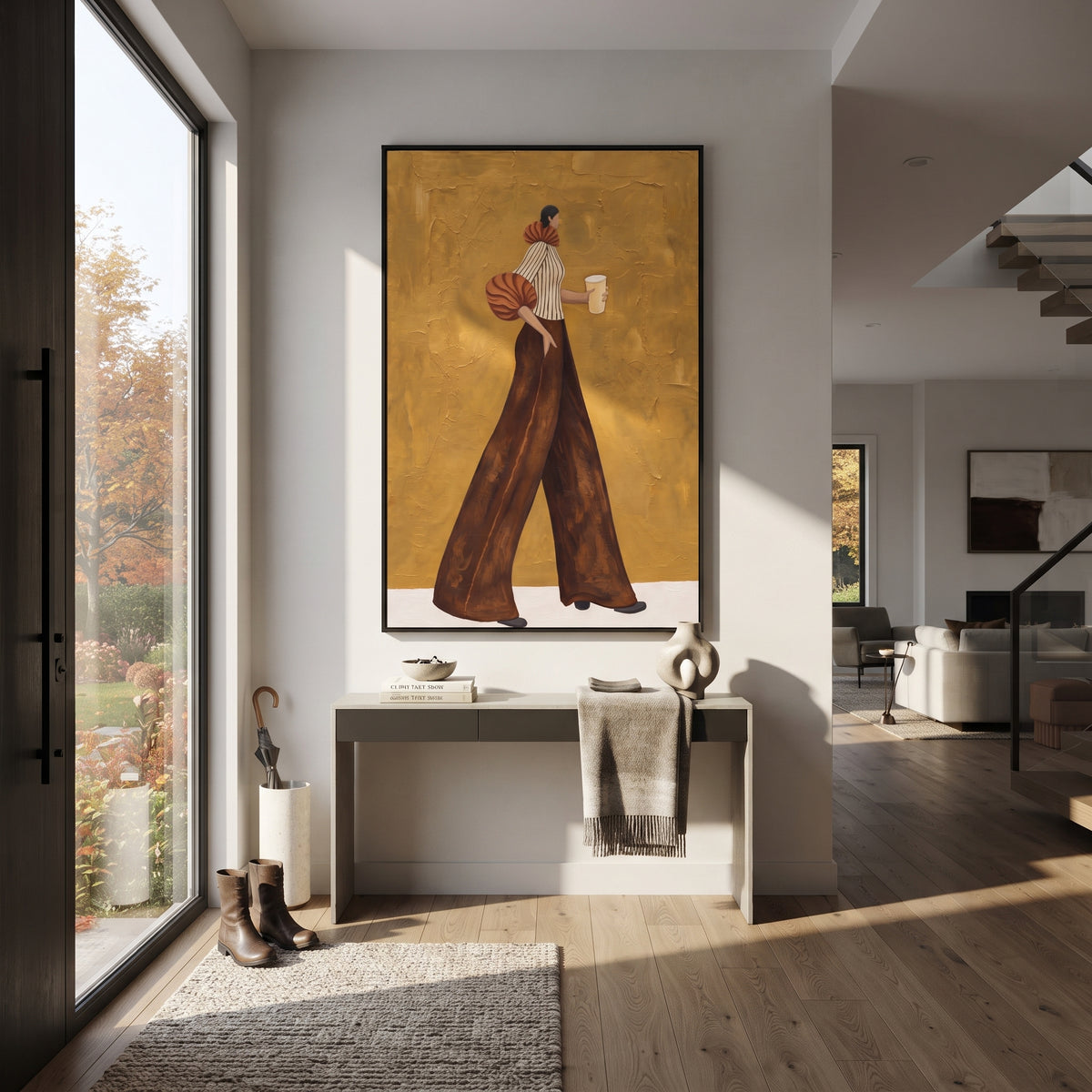 Coffee Through Brown Motion striped woman with coffee painting displayed in a modern interior