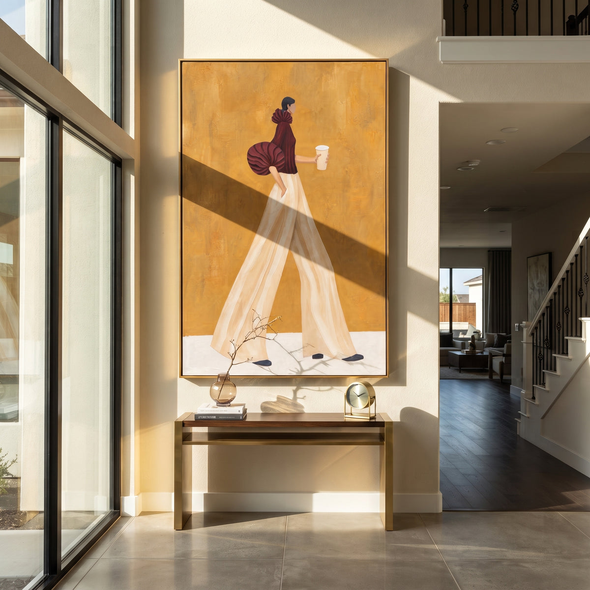 Ivory Trousers Coffee Walk woman in white trousers painting displayed in a modern interior