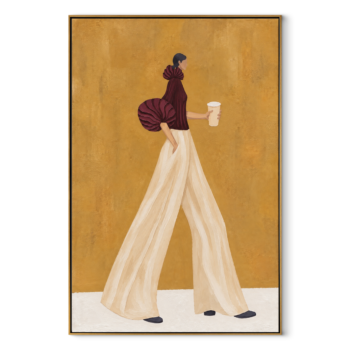 Ivory Trousers Coffee Walk vertical canvas artwork in a wood frame on white