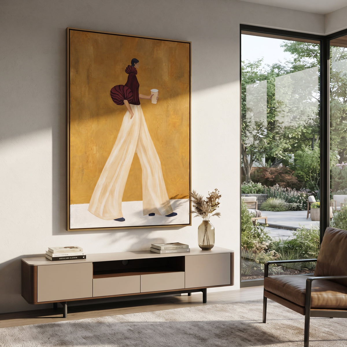 Ivory Trousers Coffee Walk vertical painting styled as a refined focal point
