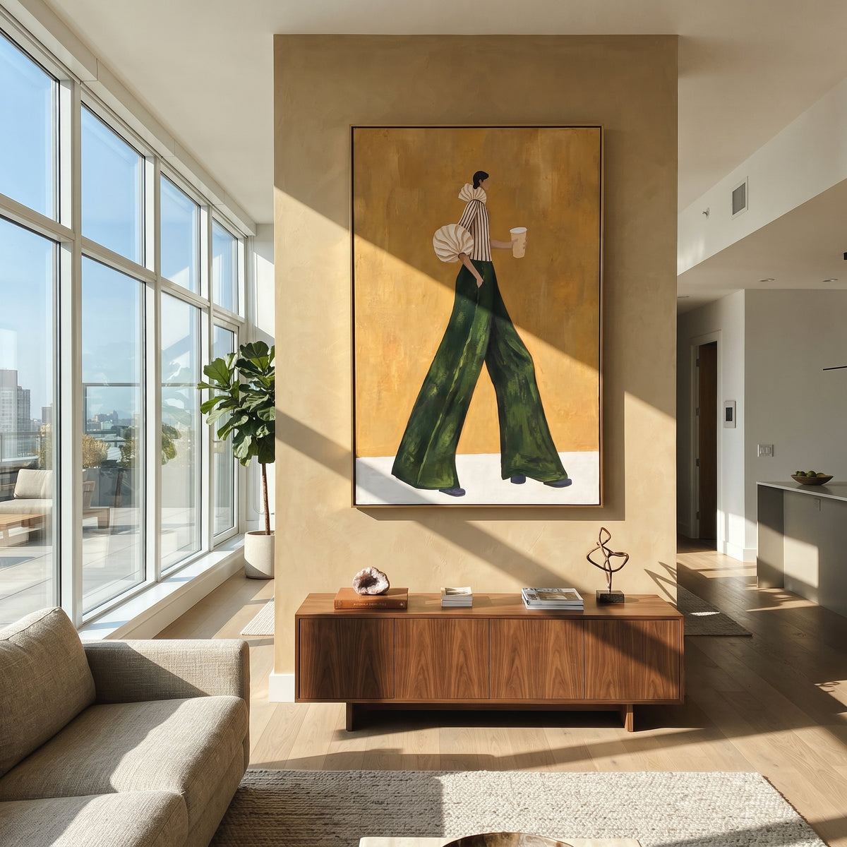 Green Trousers Coffee Passage striped woman with coffee painting displayed in a modern interior