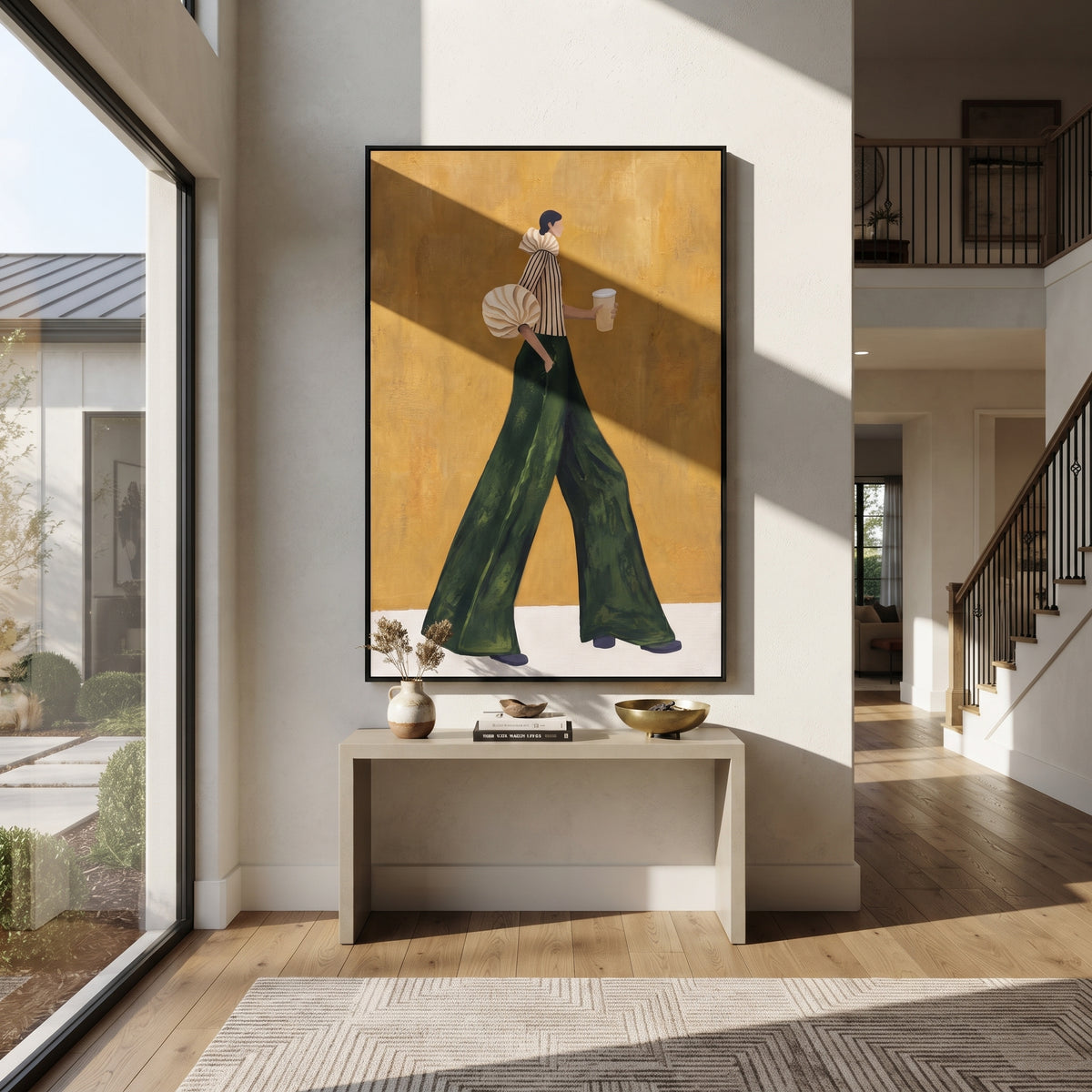 Green Trousers Coffee Passage fashion wall art shown above contemporary furnishings