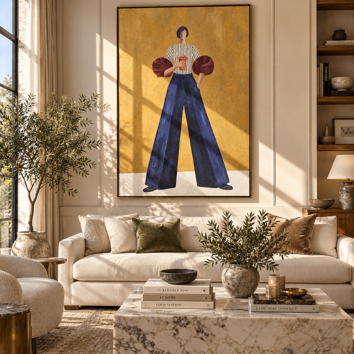 Burgundy Sleeves Blue Poise fashion woman in blue painting displayed in a modern interior