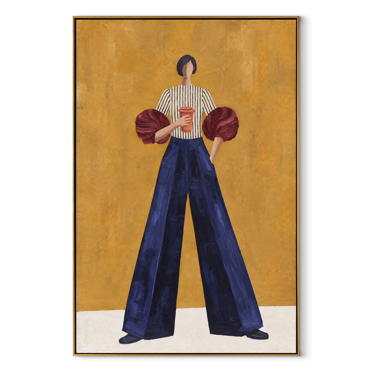 Burgundy Sleeves Blue Poise vertical canvas artwork in a wood frame on white