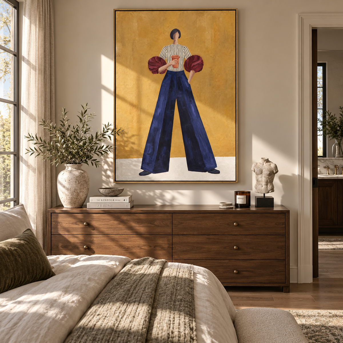 Burgundy Sleeves Blue Poise presented in an alternate room setting
