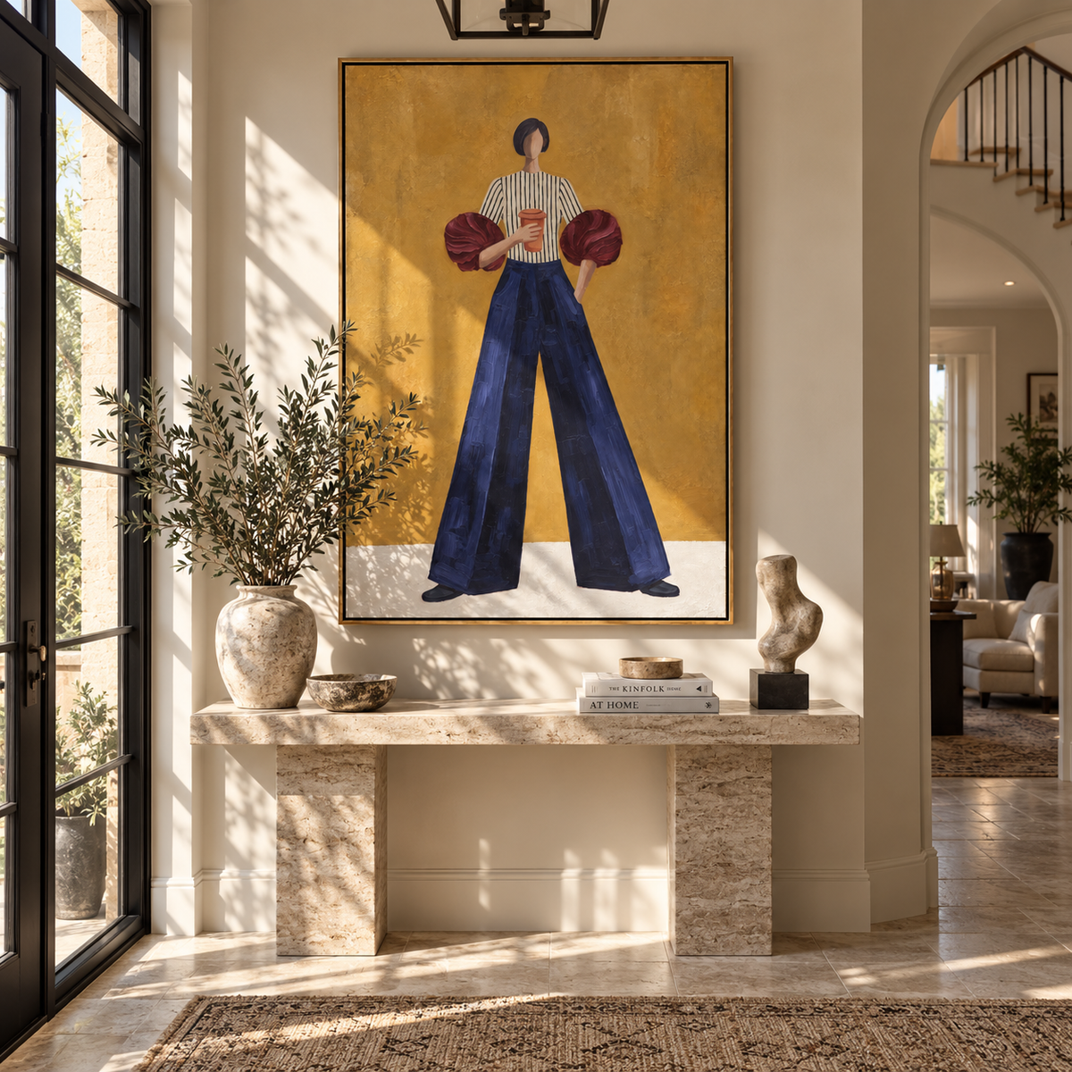 Burgundy Sleeves Blue Poise vertical painting styled as a refined focal point