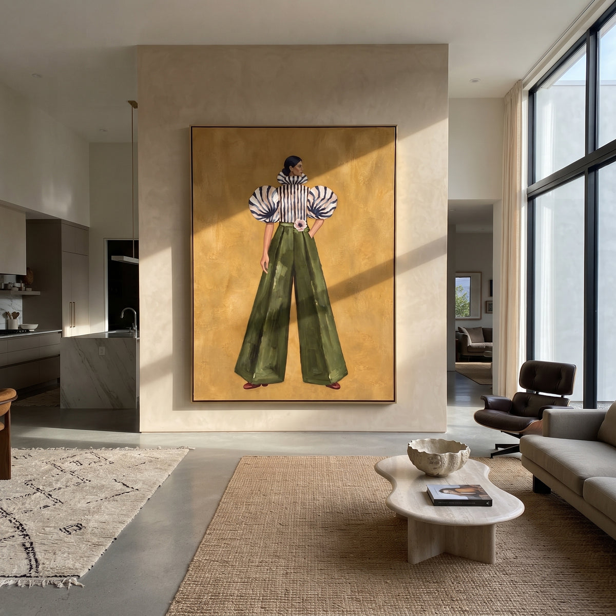 Green Poise Black Stripes woman in green trousers painting displayed in a modern interior