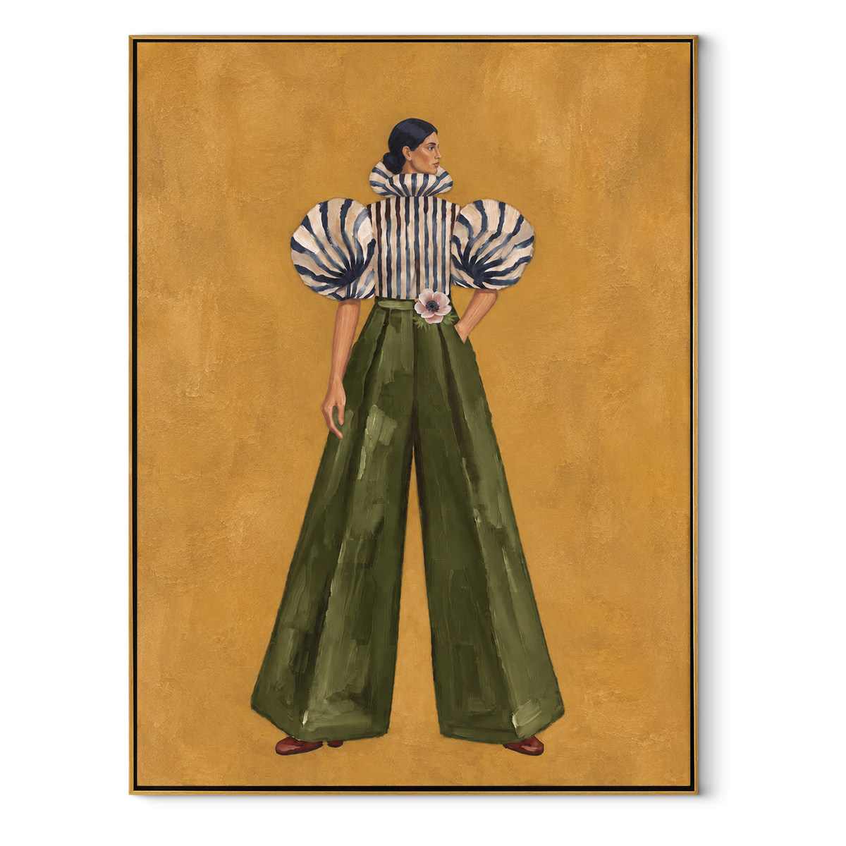 Green Poise Black Stripes vertical canvas artwork in a wood frame on white