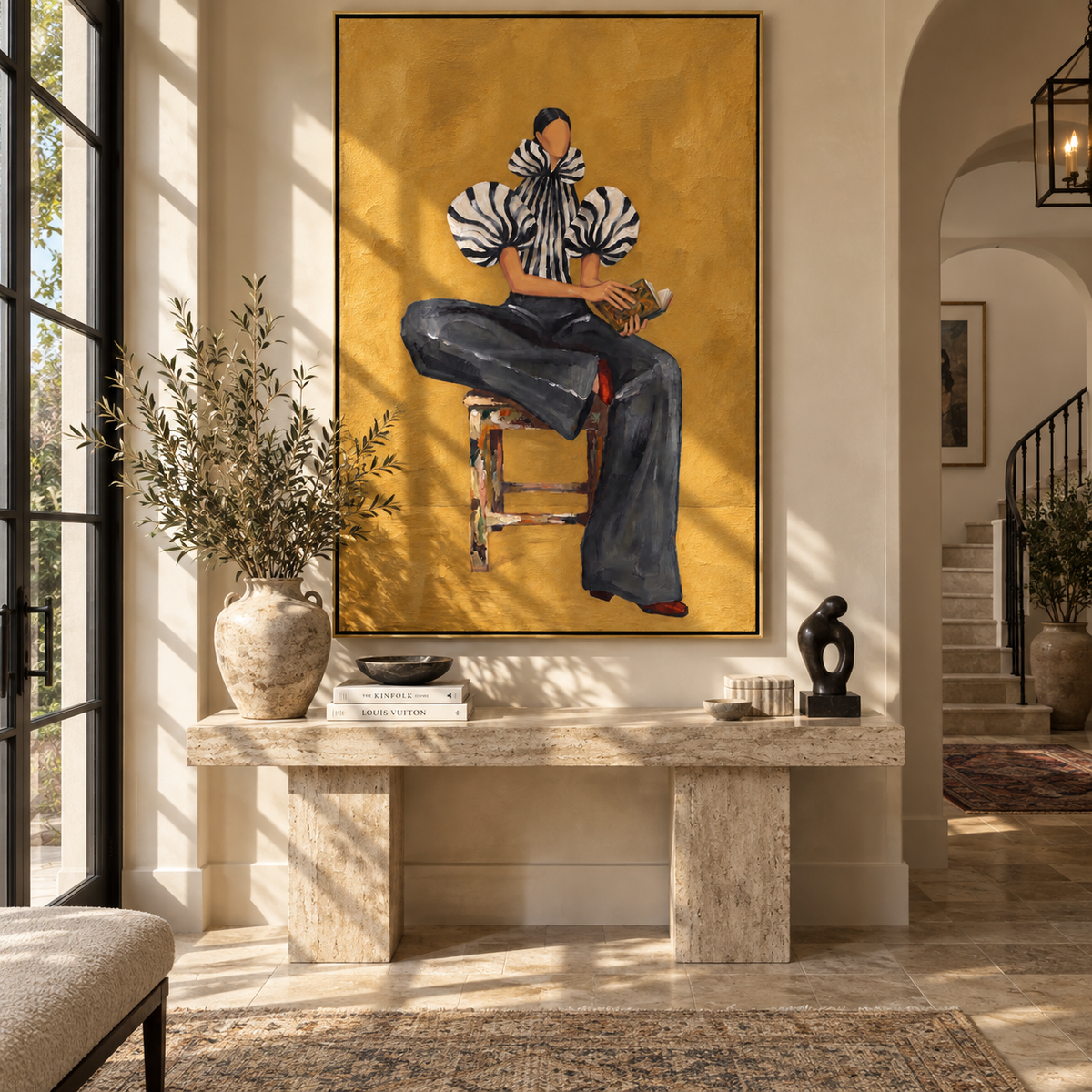 Seated Stripes Creative Pause seated woman with camera painting displayed in a modern interior
