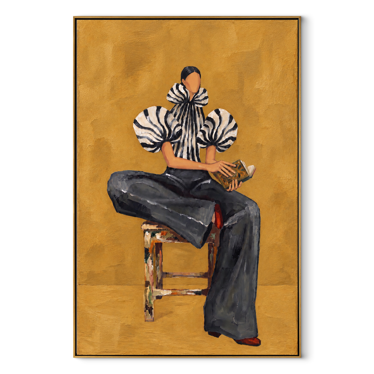 Seated Stripes Creative Pause vertical canvas artwork in a wood frame on white