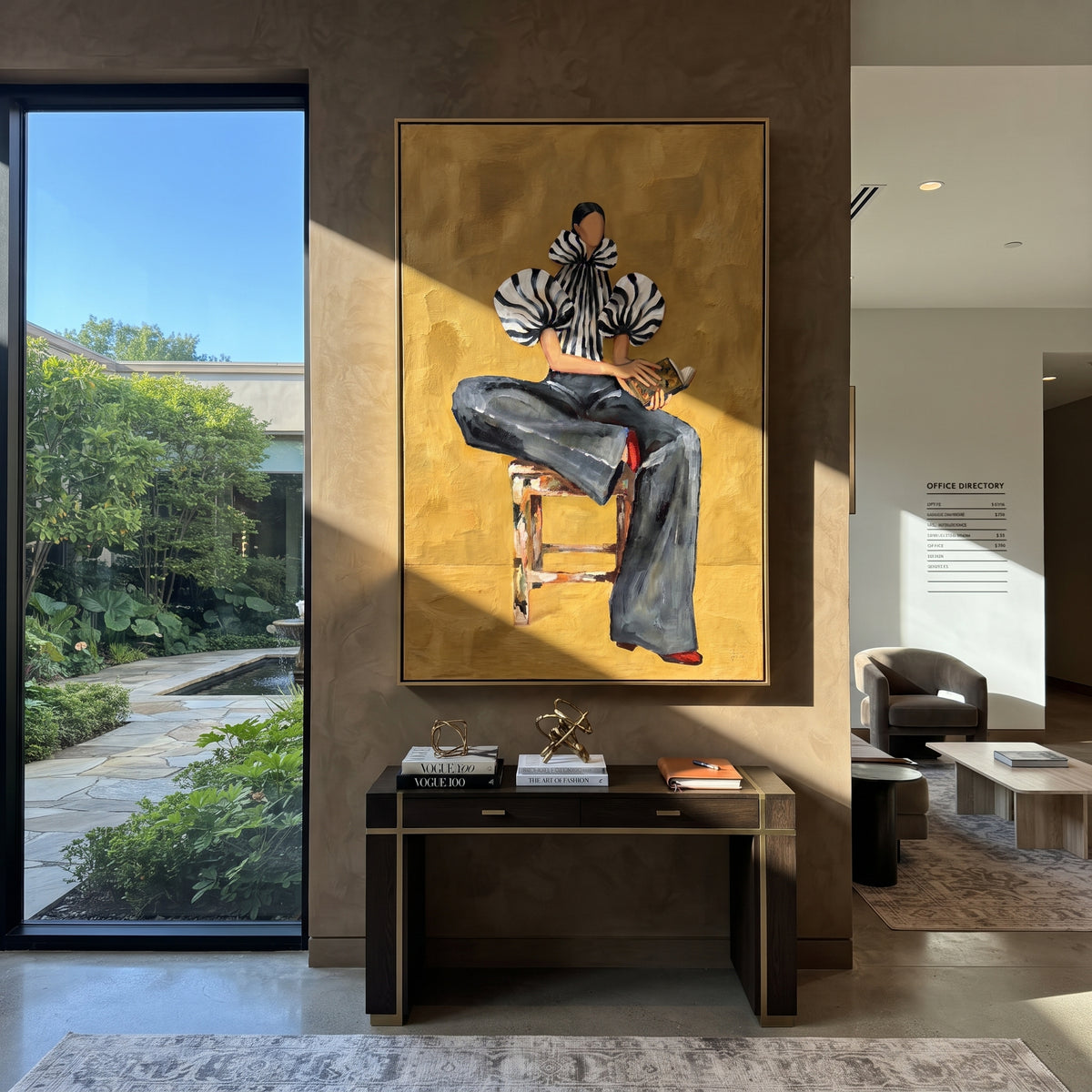 Seated Stripes Creative Pause fashion wall art shown above contemporary furnishings