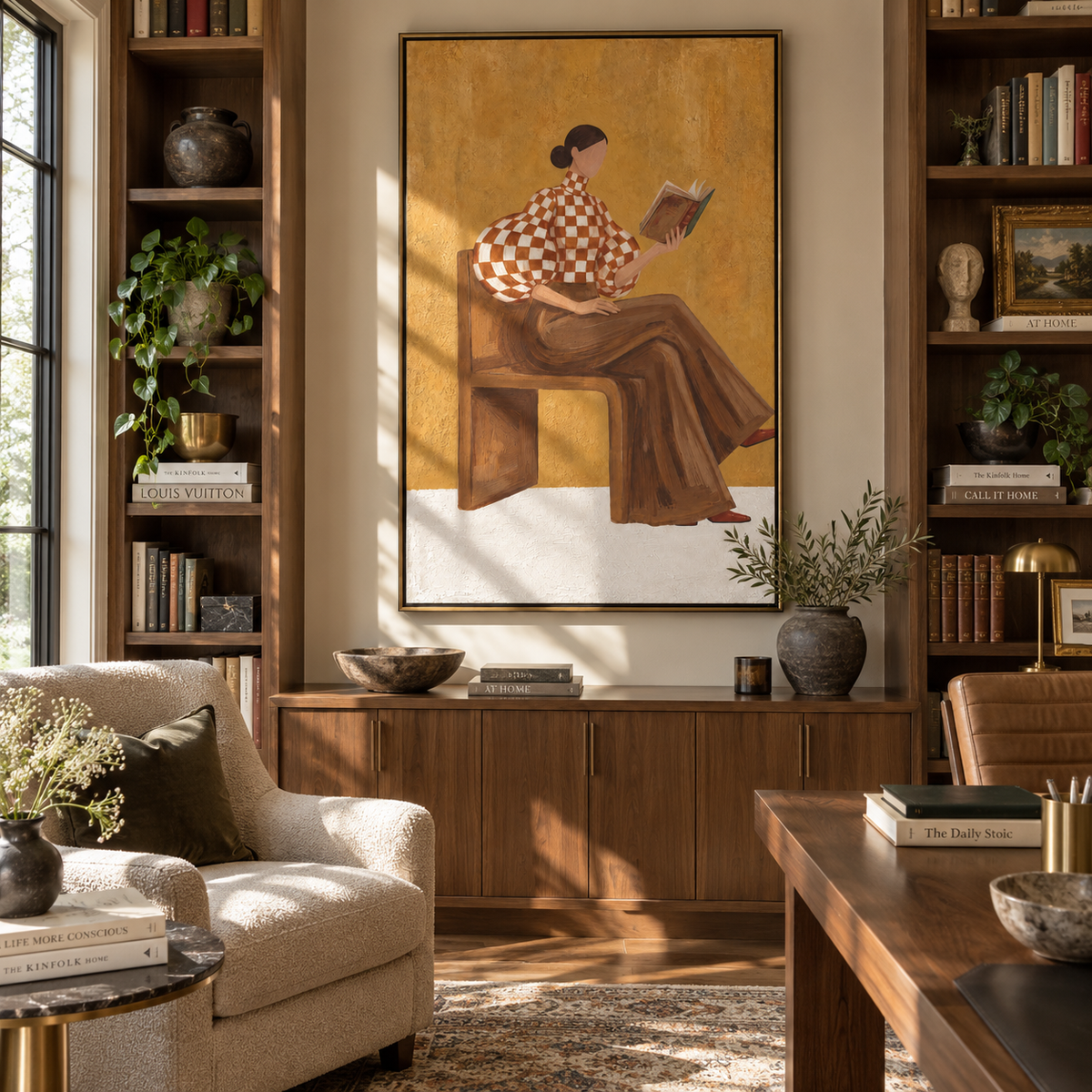 Checkered Pages Quiet Afternoon seated woman reading painting displayed in a modern interior