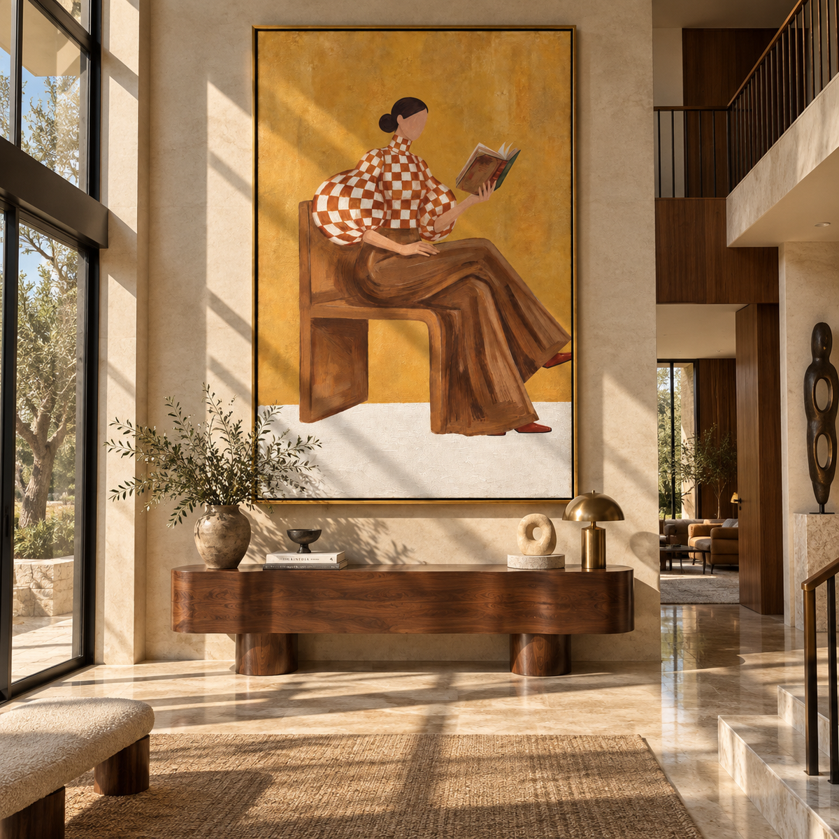 Checkered Pages Quiet Afternoon vertical painting styled as a refined focal point
