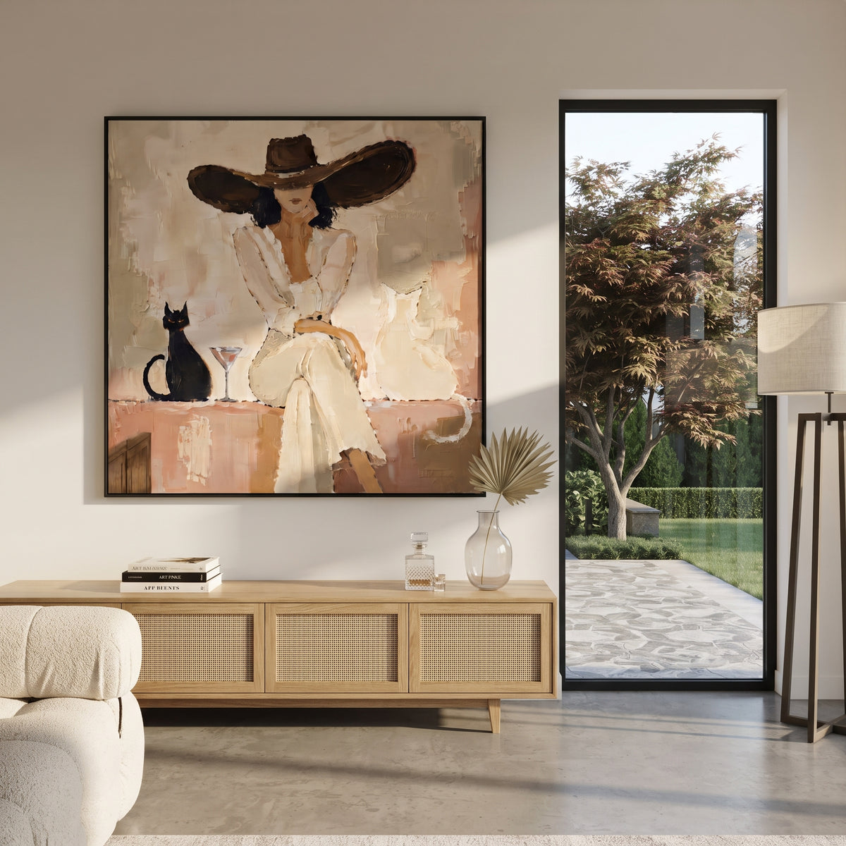 Ivory Hat Cat Pause woman and black cat painting displayed in a styled interior