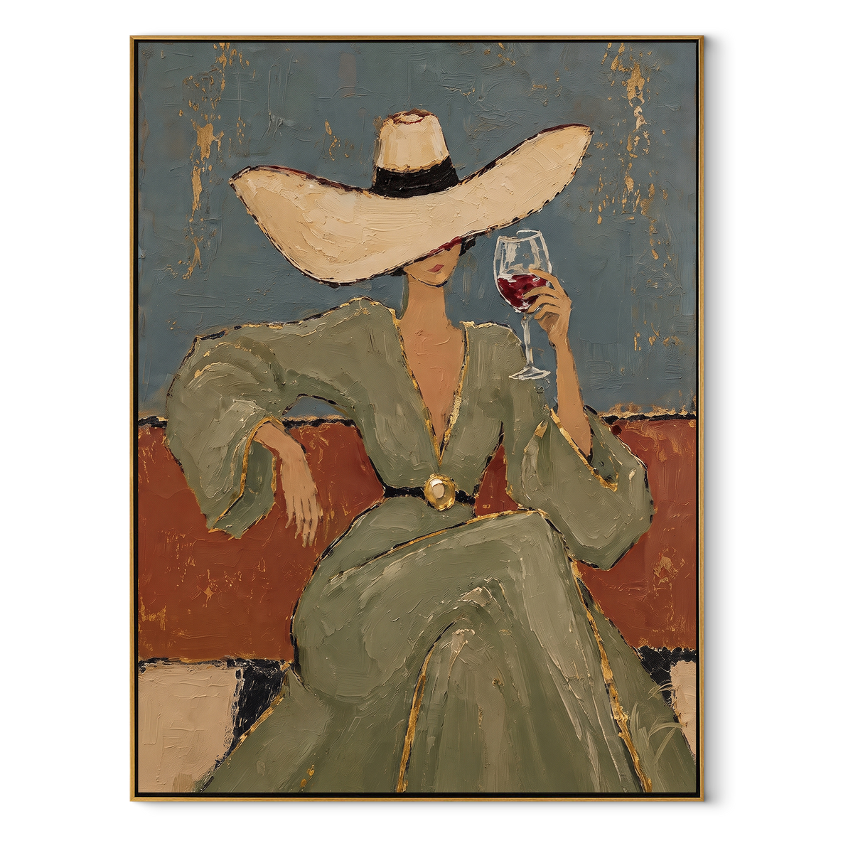 Sage Dress Summer Sip vertical painting in a wood frame on a white background