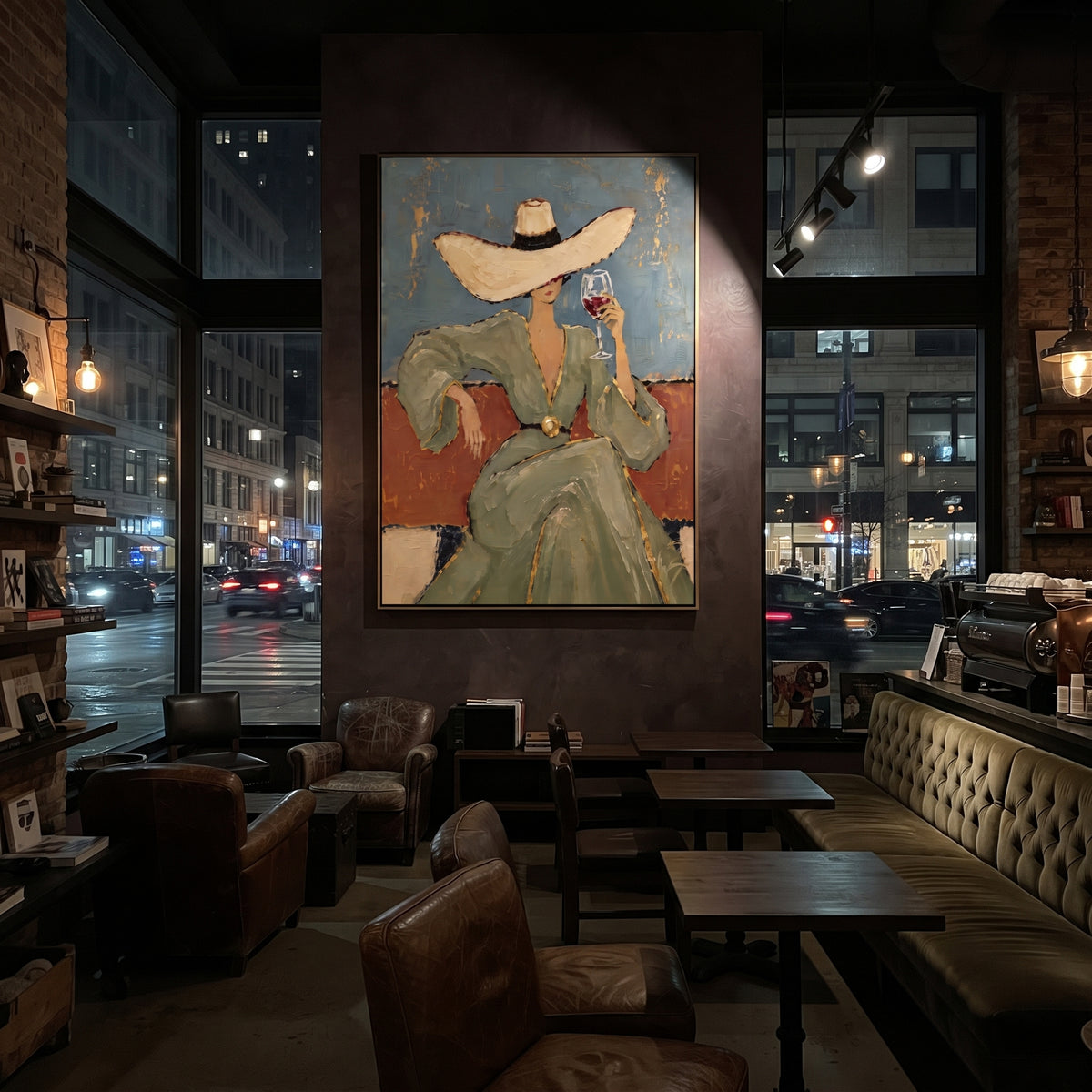 Sage Dress Summer Sip wall art shown above contemporary furnishings