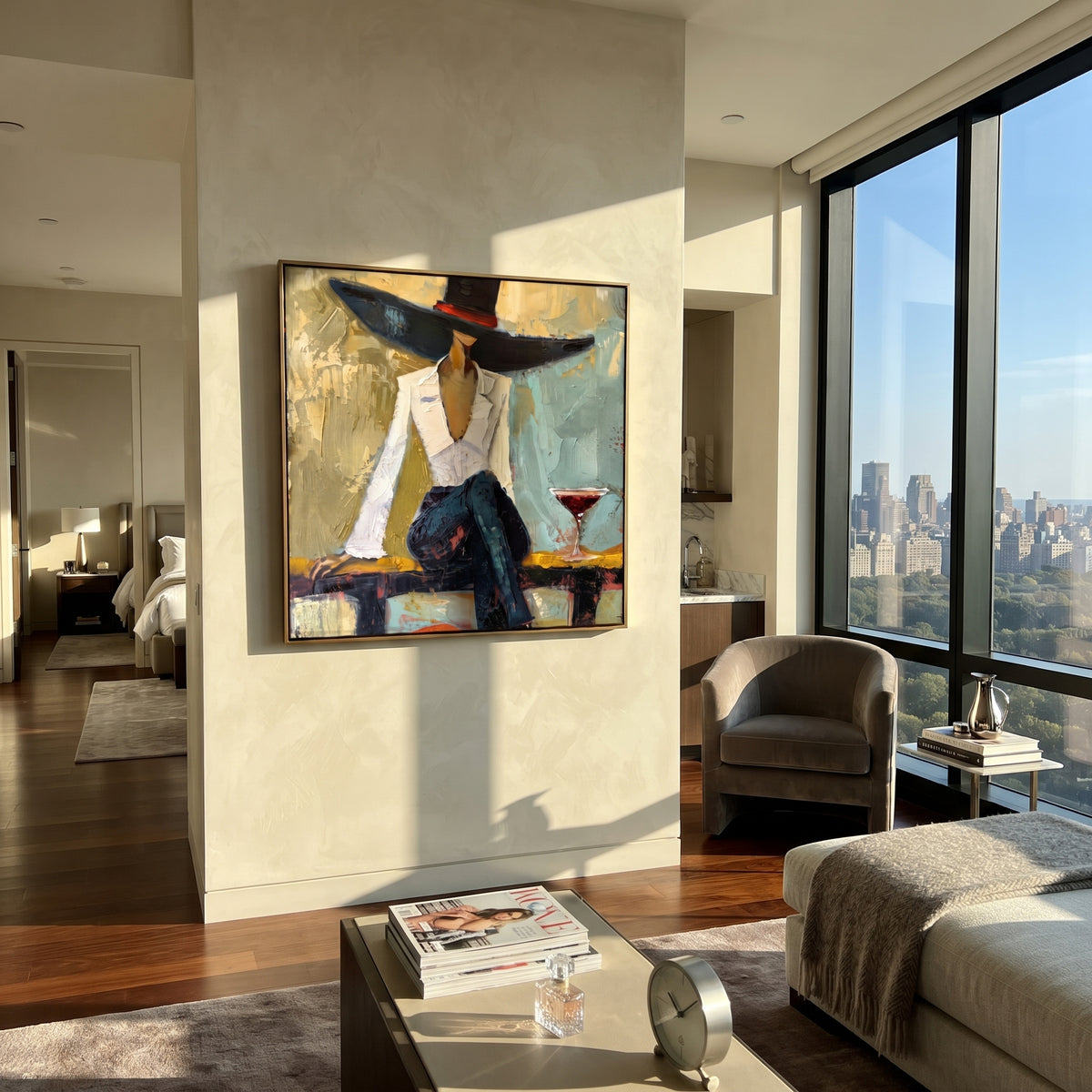 Midnight Brim Wine Hour woman with wine glass painting displayed in a styled interior