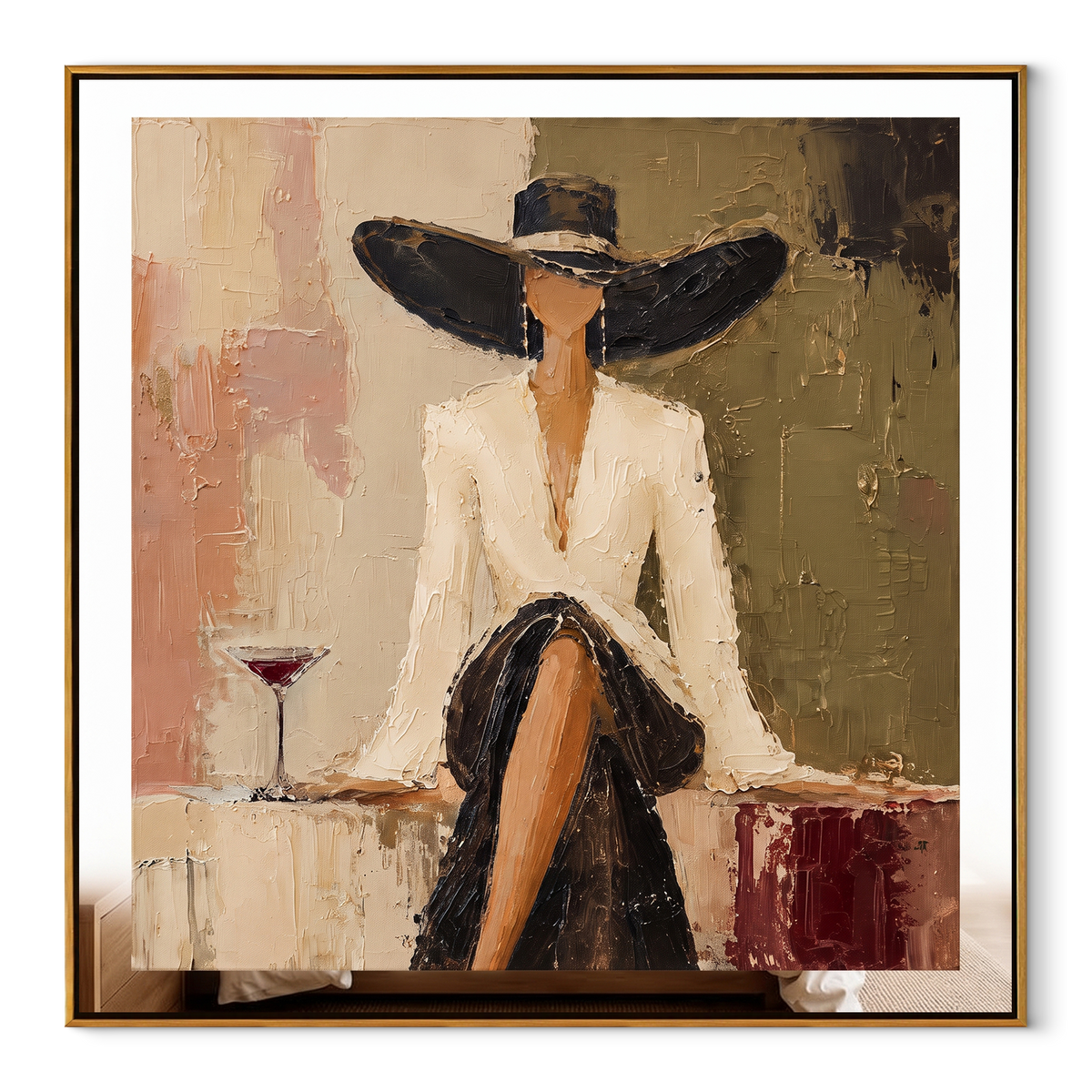 Black Brim Ivory Toast vertical painting in a wood frame on a white background