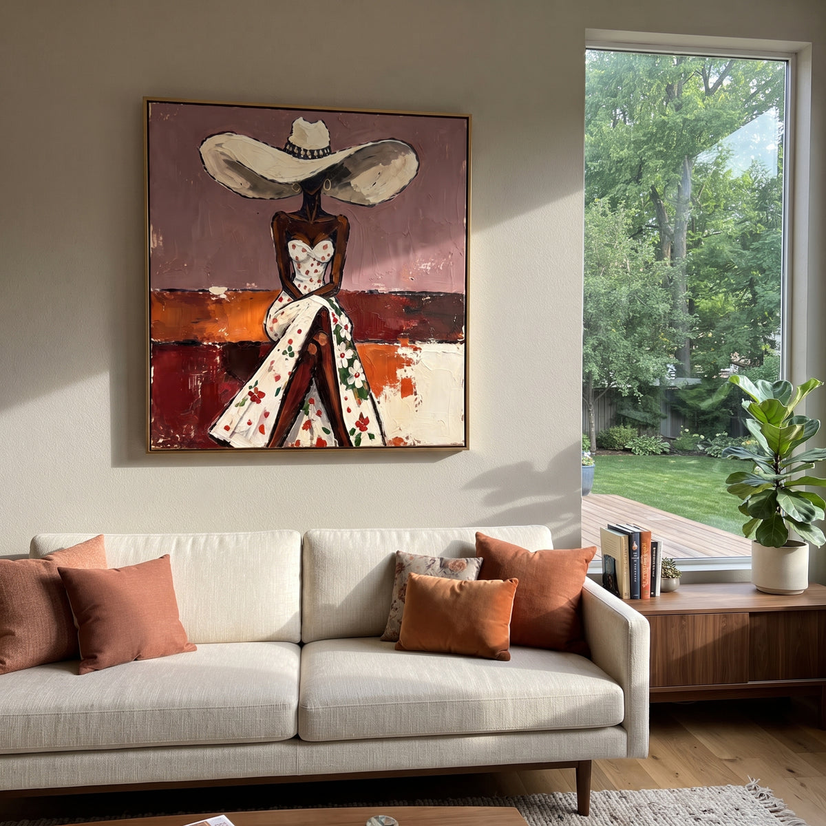 Floral Dress Rose Salon wall art shown above contemporary furnishings