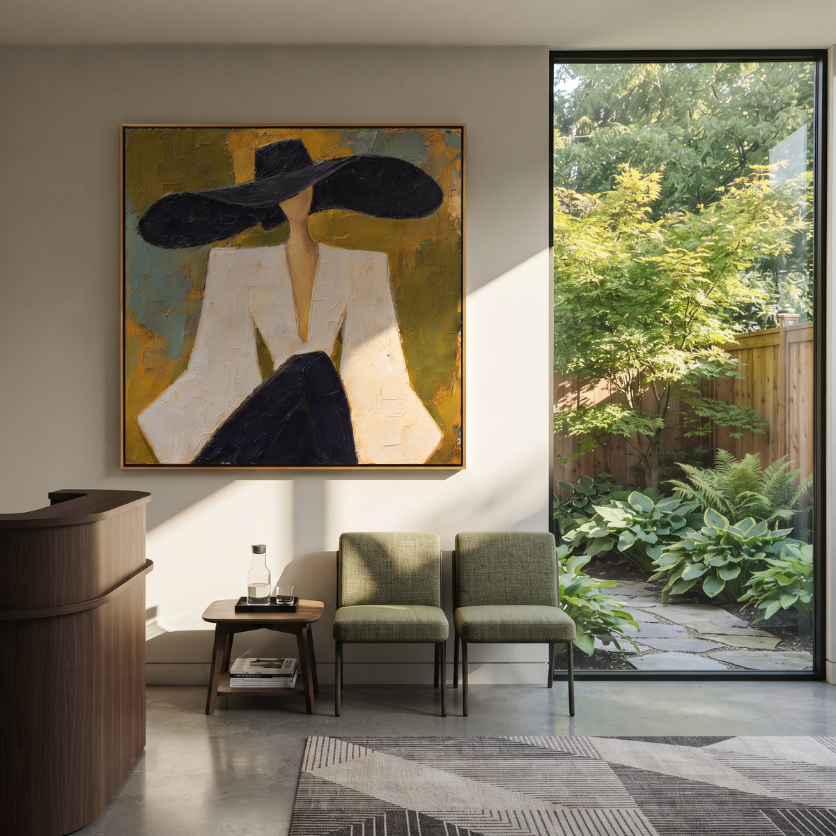 Monochrome Brim Quiet Poise wall art shown above contemporary furnishings