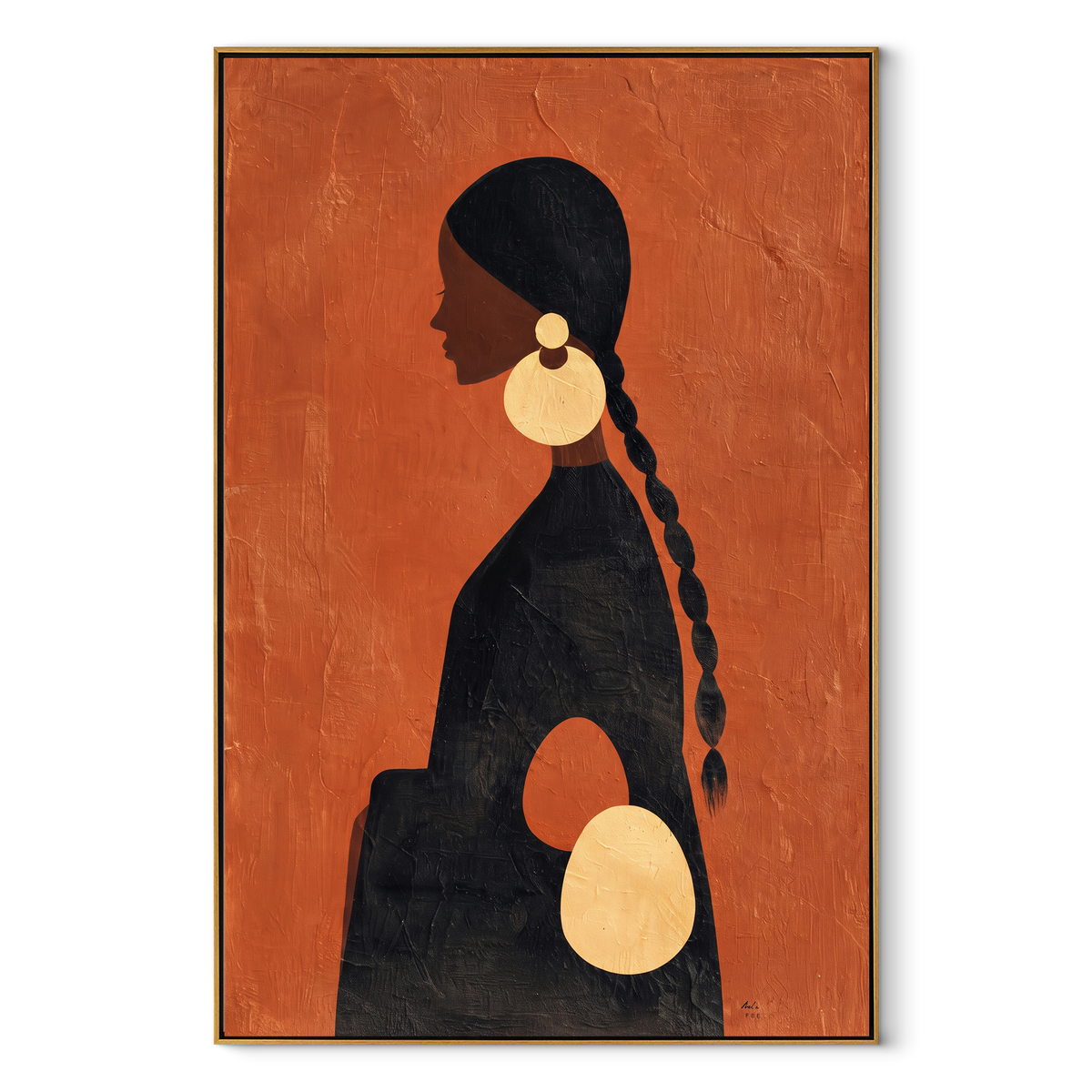 Golden Orbits Rust Profile vertical painting in a wood frame on a white background