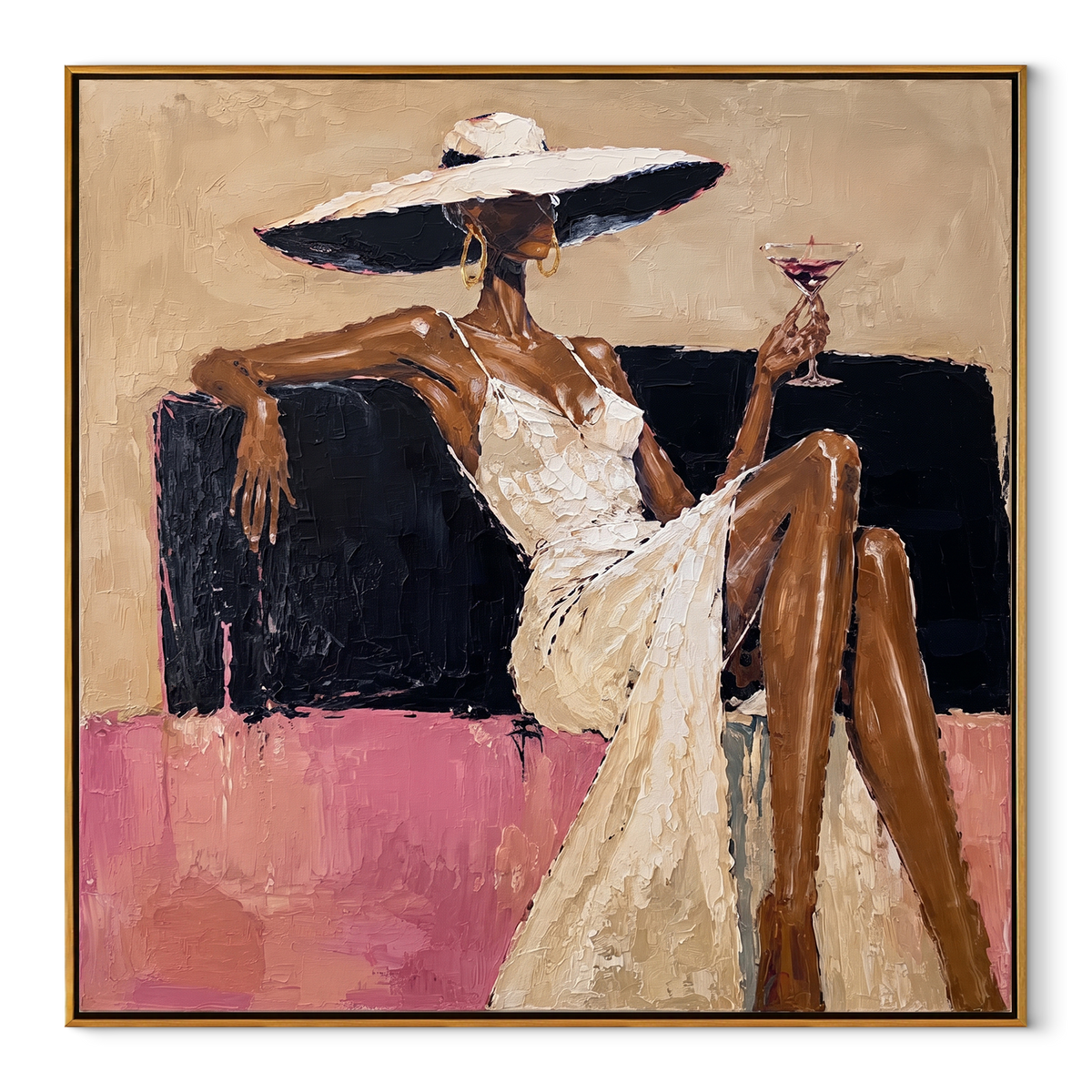 Pink Lounge Martini Pause square painting in a wood frame on a white background