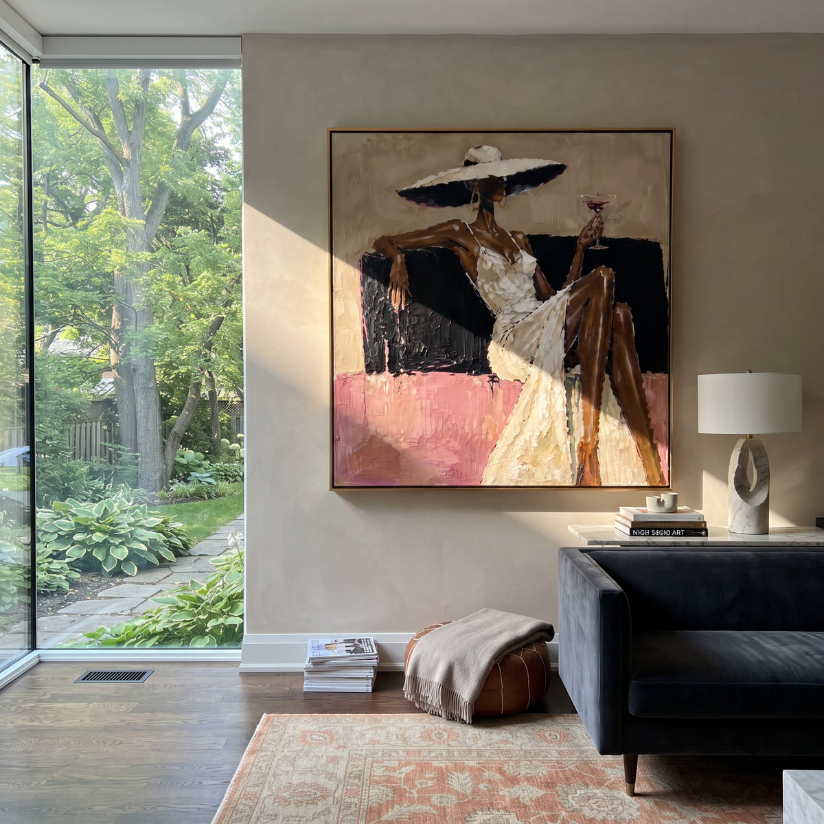 Pink Lounge Martini Pause wall art shown above contemporary furnishings