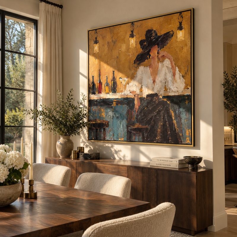 Midnight Brim Amber Pour – Woman at Bar Painting | Retro Fashion Square Wall Art