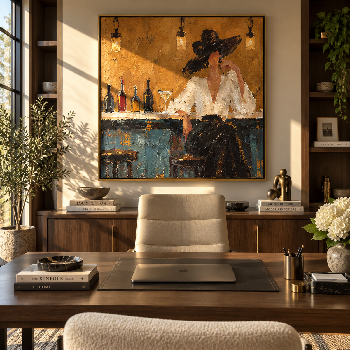 Midnight Brim Amber Pour square painting presented in an alternate room setting