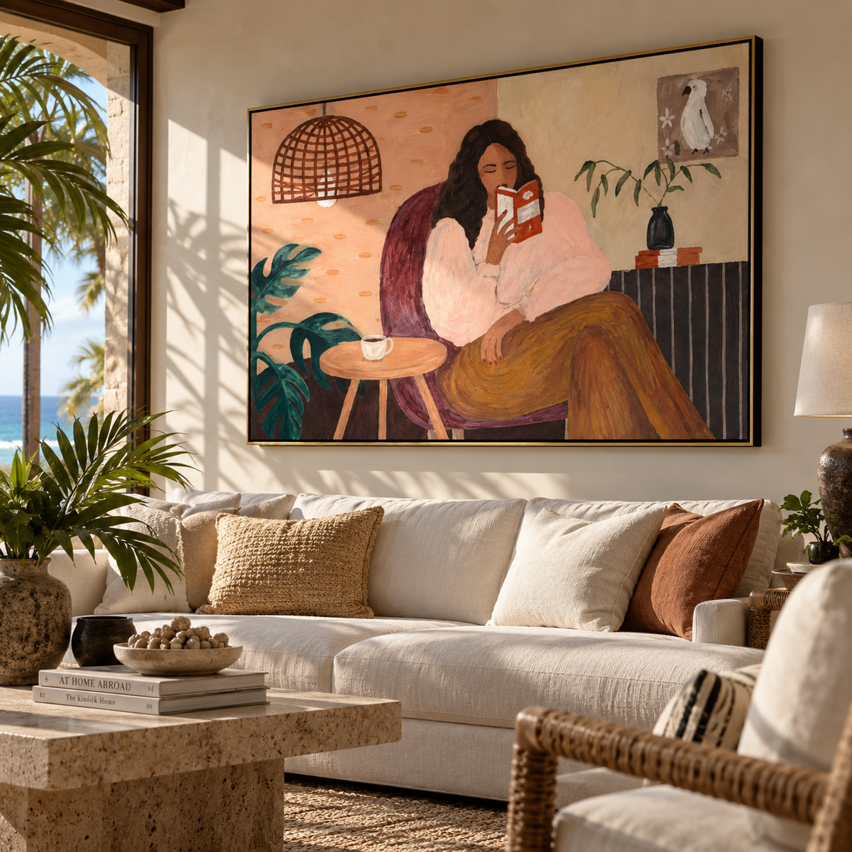 Afternoon Pages and Tea - woman reading painting displayed in a styled interior