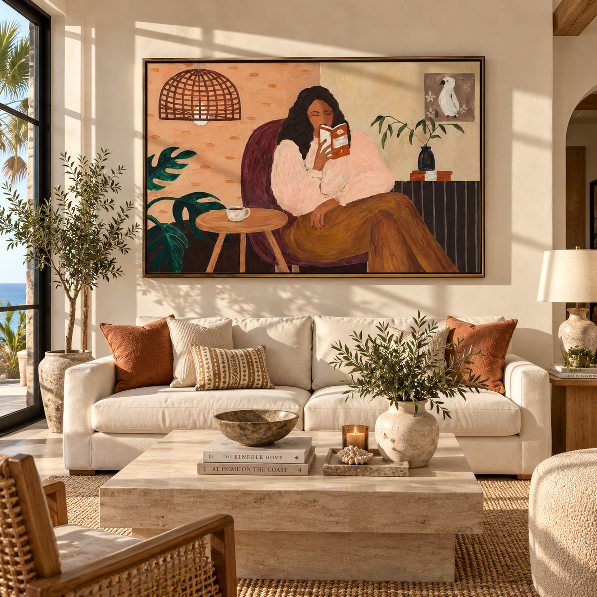 Afternoon Pages and Tea - woman reading painting shown in modern room setting 2