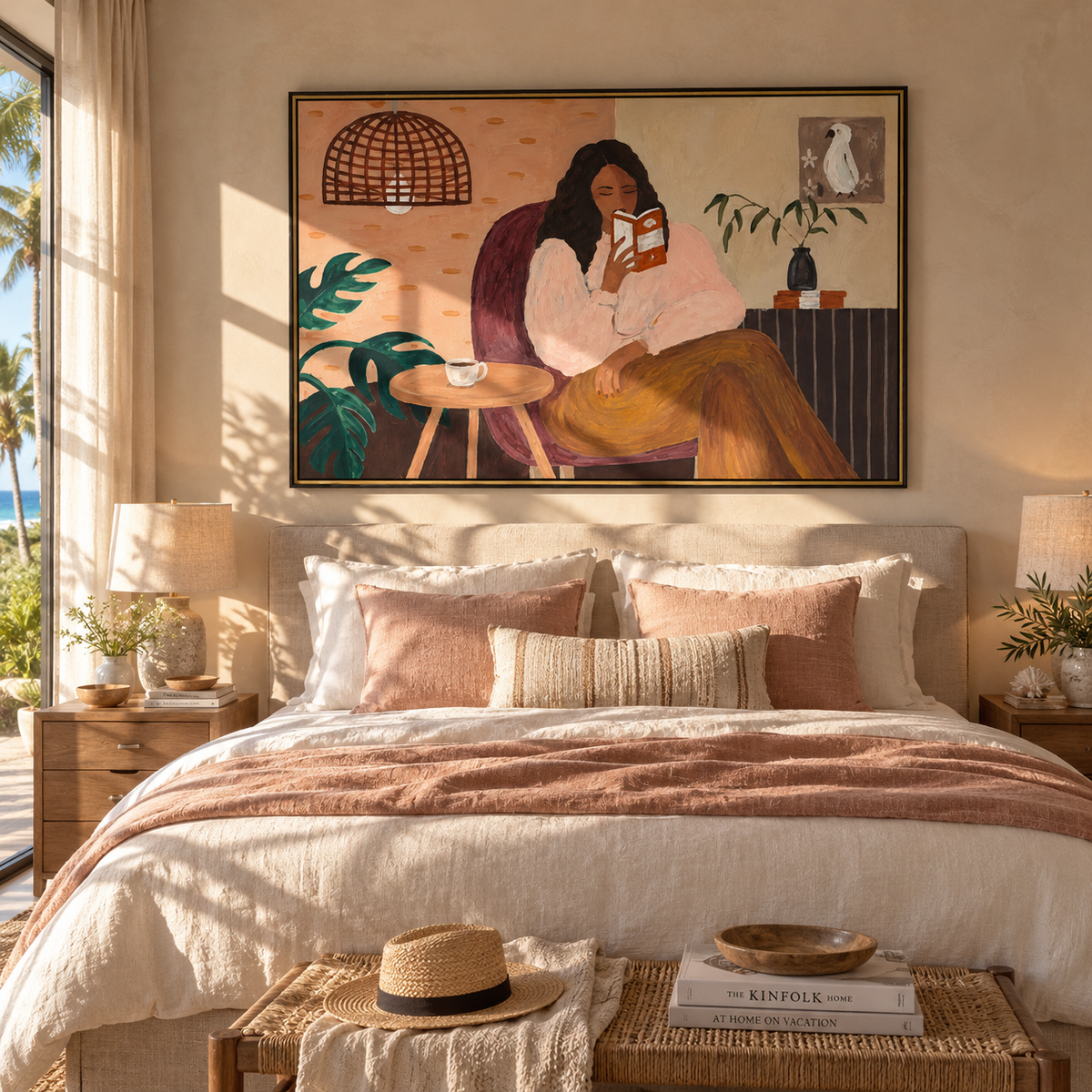 Afternoon Pages and Tea - woman reading painting shown in modern room setting 3