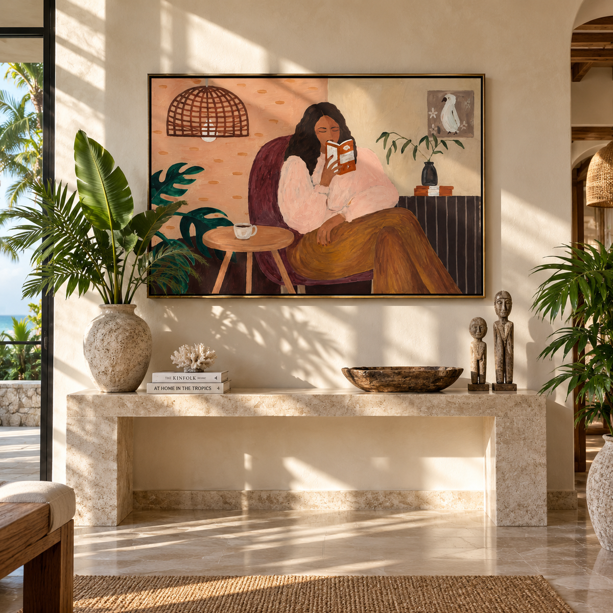 Afternoon Pages and Tea - woman reading painting shown in modern room setting 4