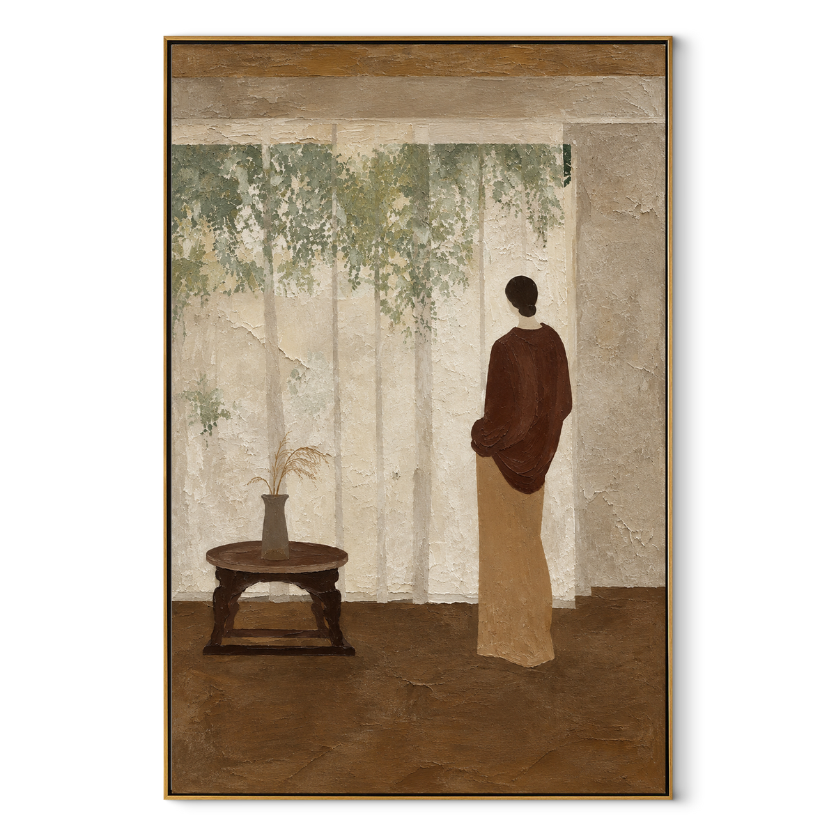 Figure Beyond the Window - solitary figure interior painting in a wood frame on white
