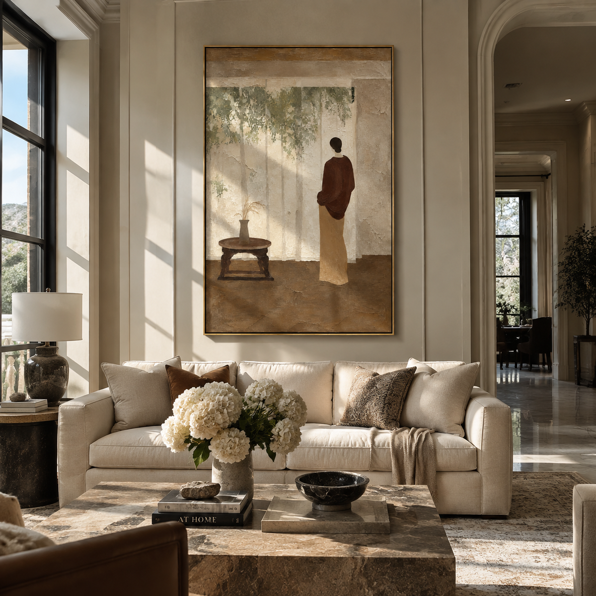Figure Beyond the Window - solitary figure interior painting shown in modern room setting 3