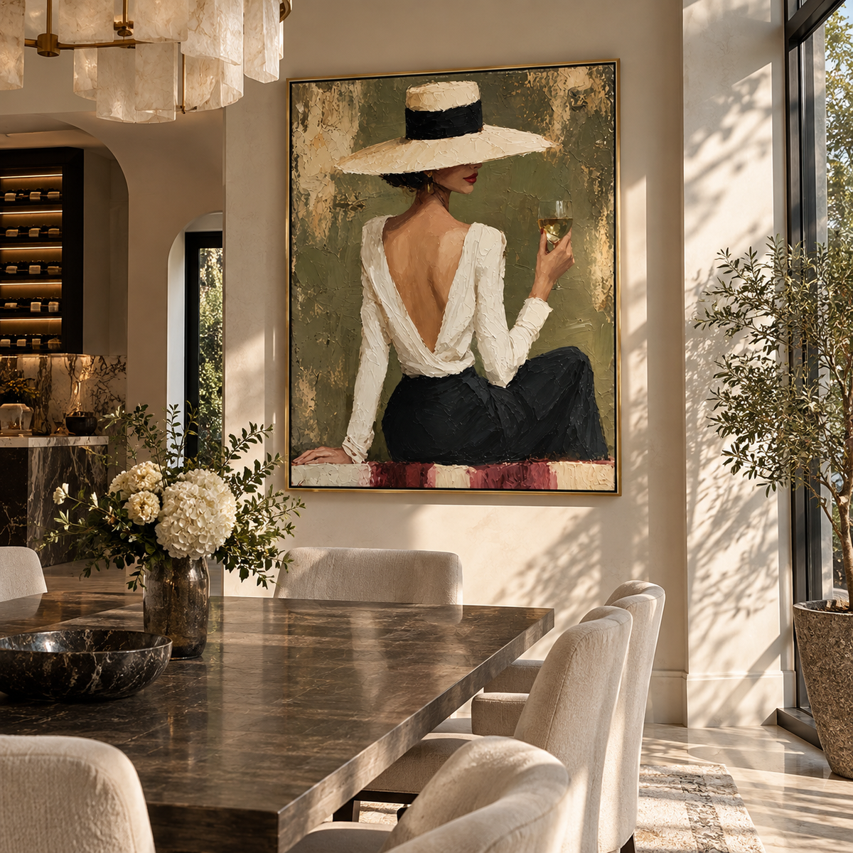 Sage Hour Elegance - chic woman in white hat painting shown in modern room setting 2