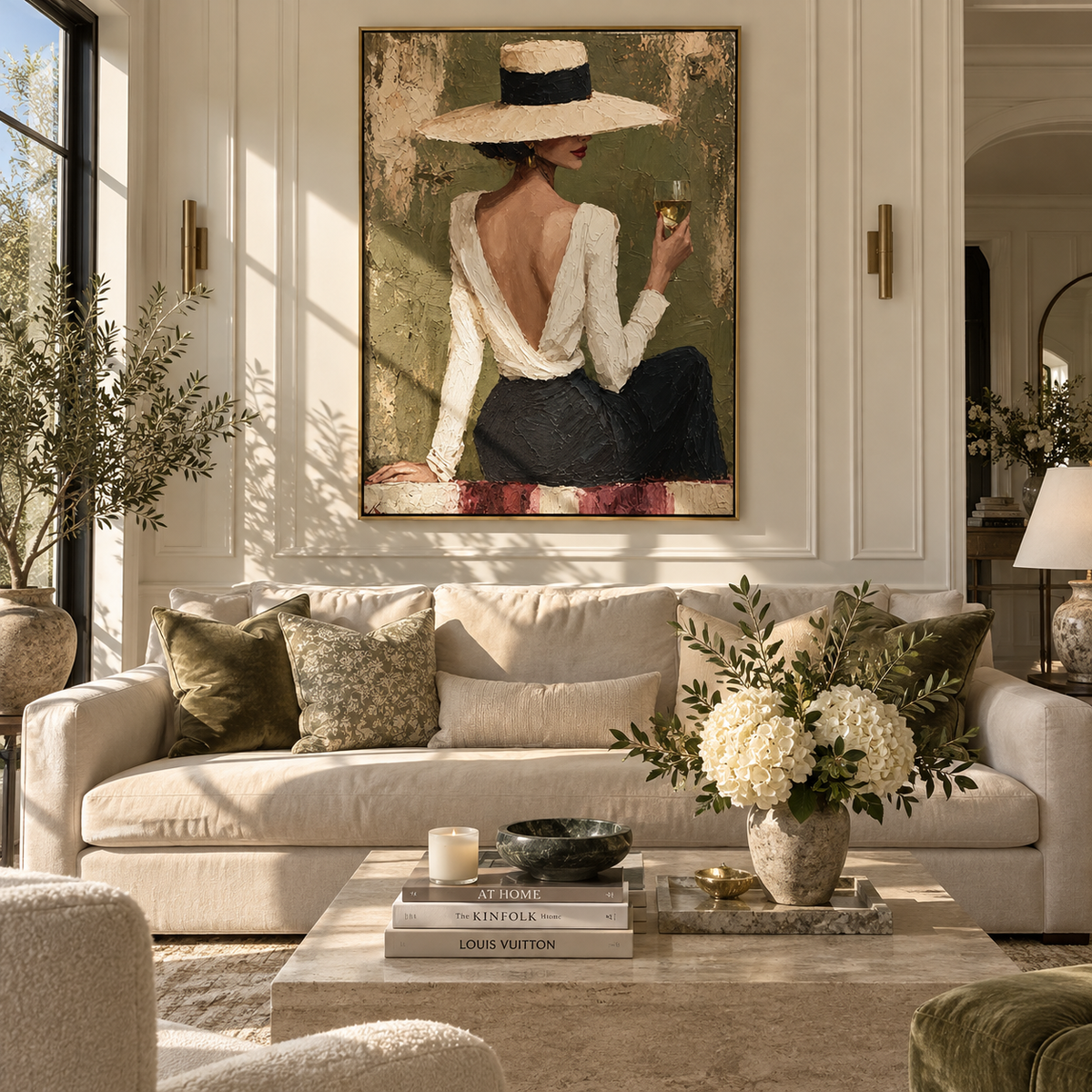 Sage Hour Elegance - chic woman in white hat painting shown in modern room setting 3