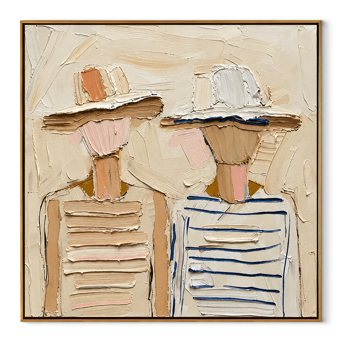 Hats Between Us - neutral textured fashion duo painting in a wood frame on white