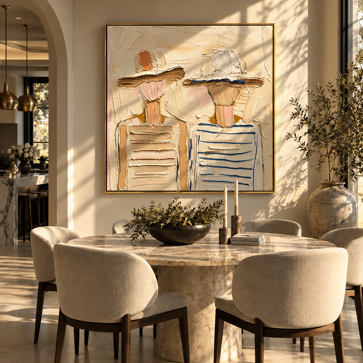 Hats Between Us - neutral textured fashion duo painting shown in modern room setting 2