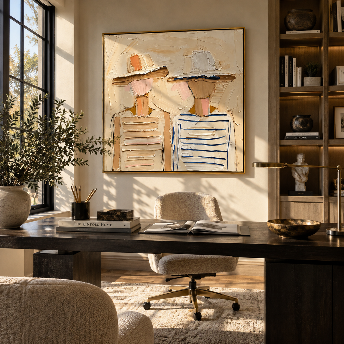 Hats Between Us - neutral textured fashion duo painting shown in modern room setting 3