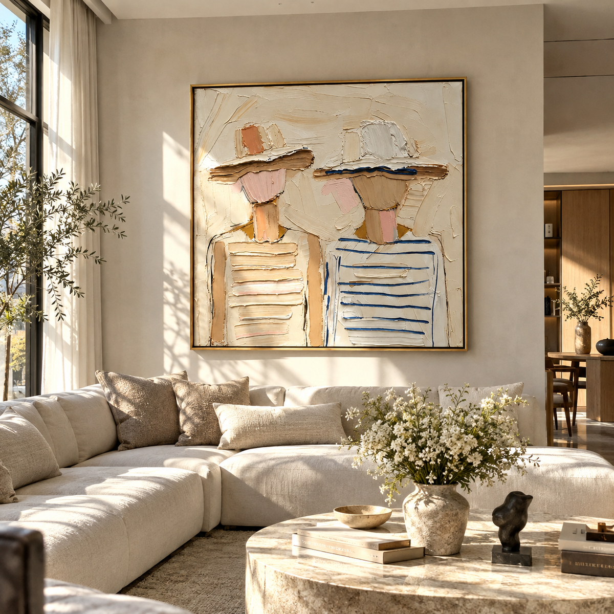 Hats Between Us - neutral textured fashion duo painting shown in modern room setting 4