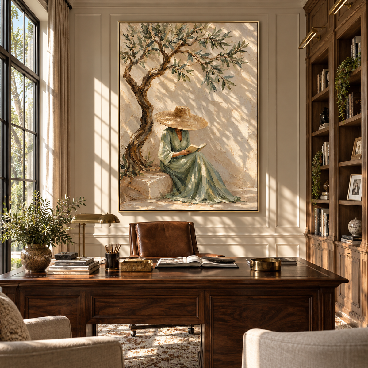 Sage Pages Beneath Olives - woman reading beneath an olive tree painting shown in modern room setting 3