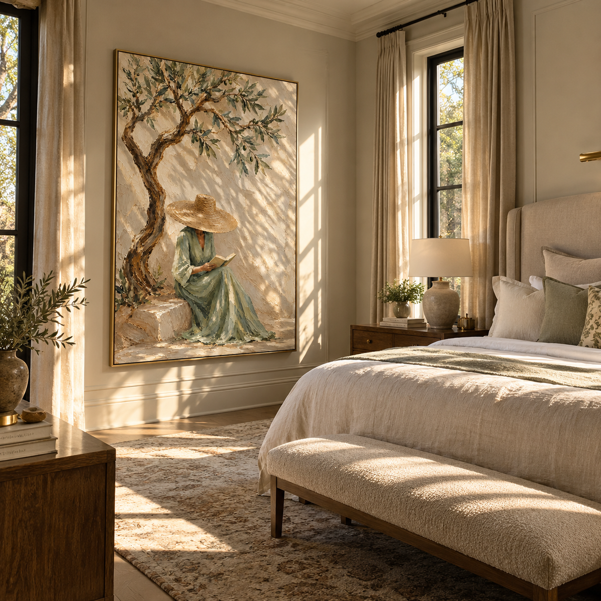 Sage Pages Beneath Olives - woman reading beneath an olive tree painting shown in modern room setting 4